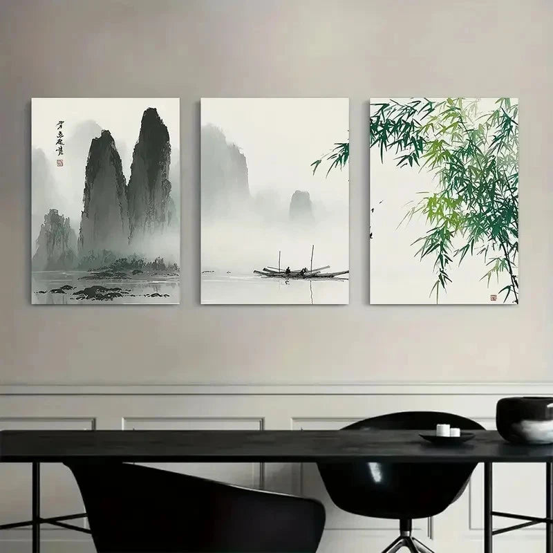 3pcs Chinese Ink Painting with Bamboo Leaves Metal Print Ready to Hang Art
