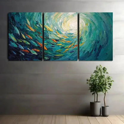 3pcs Underwater Vortex with Fish Swimming Metal Print Ready to Hang Art
