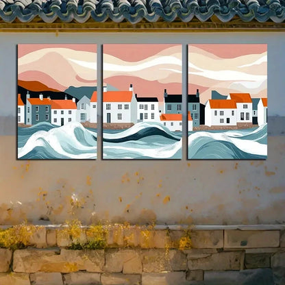 3pcs Pastoral Coastal Town Wave Design Metal Print Ready to Hang Art