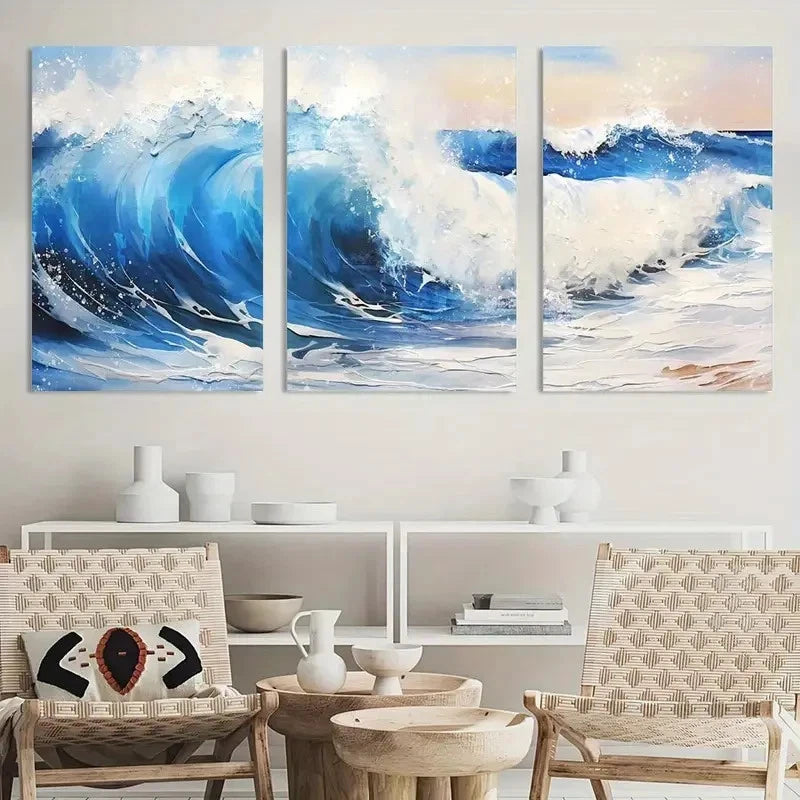 3pcs Ocean Wave Blue Sea Print Metal Print Ready to Hang Art