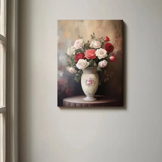 Painting of a vase with red and white flowers on a wall