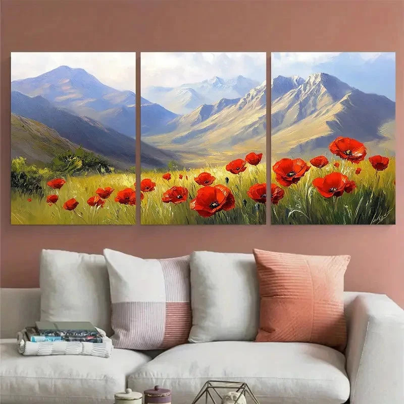 3pcs Vibrant Mountain and Red Poppies Landscape Wall Art Set Canvas Framed 40x60cm - High Quality Print 100% Australian Made Wall Canvas Ready to Hang