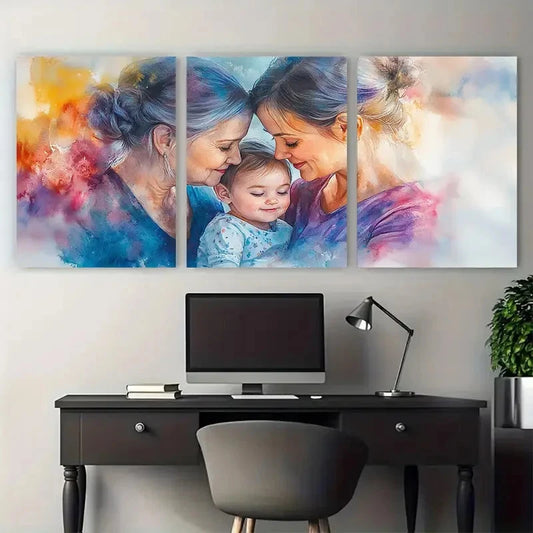 3pcs Mother Grandma Family Portrait Watercolor Wall Art Set Canvas Framed 40x60cm - High Quality Print 100% Australian Made Wall Canvas Ready to Hang