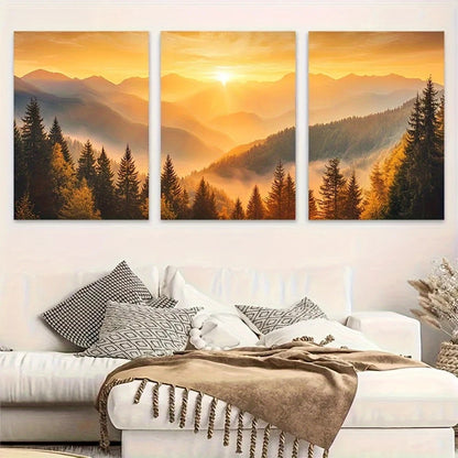 3pcs Golden Sunrise Misty Mountains Panoramic Metal Print Ready to Hang Art
