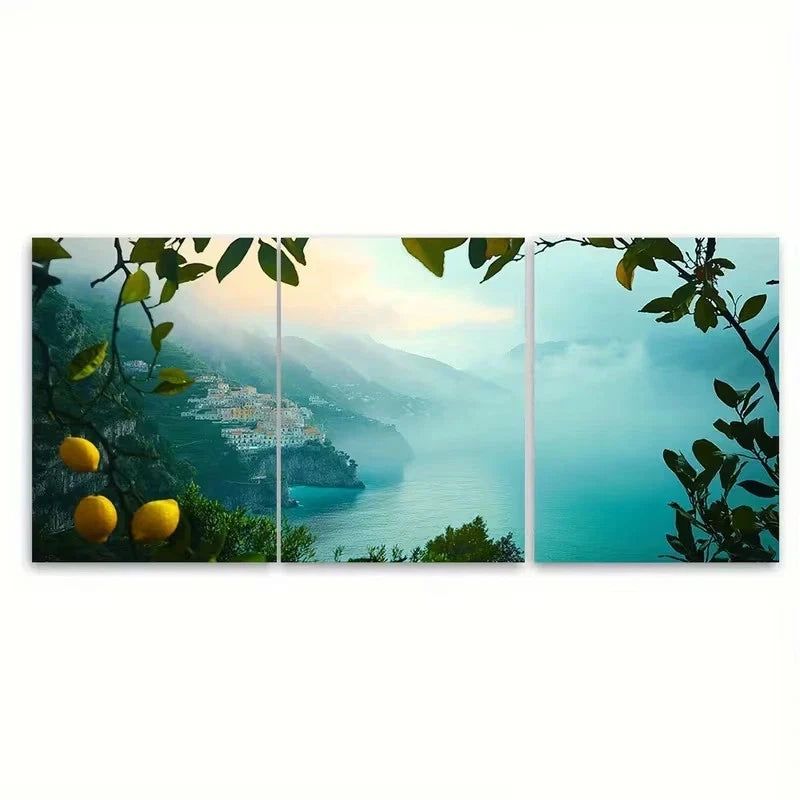 3pcs Amalfi Coast at Dawn, Lemon Groves Wall Art Set Canvas Framed 50x70cm - High Quality Print 100% Australian Made Wall Canvas Ready to Hang