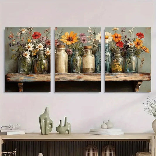 3pcs Charming Wildflower Colorful Glass Bottles Metal Print Ready to Hang Art