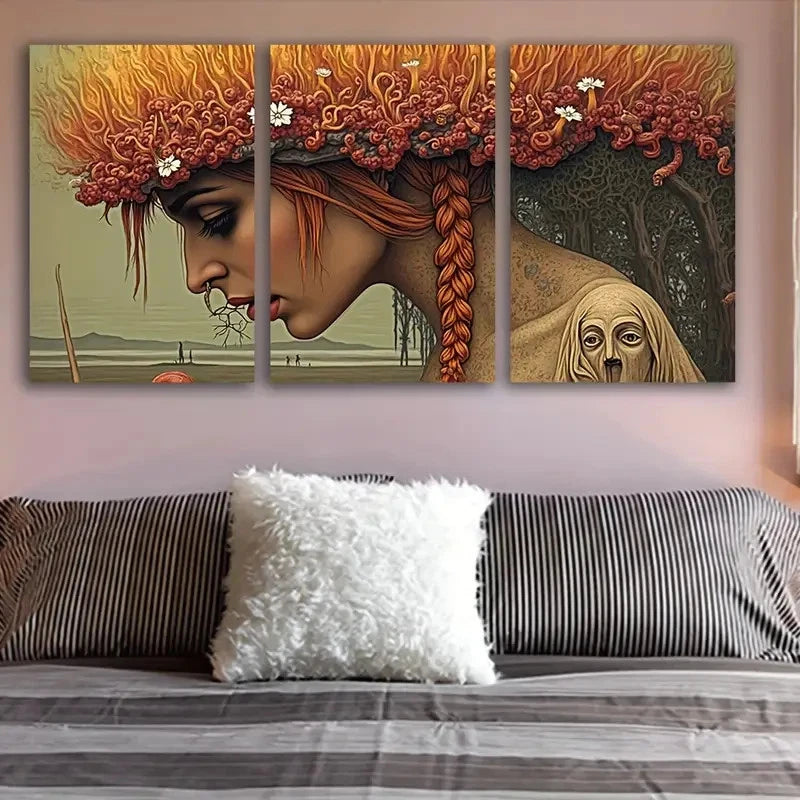 3pcs Red-Haired Woman Floral Design Wall Art Set Canvas Framed 60x90cm - High Quality Print 100% Australian Made Wall Canvas Ready to Hang