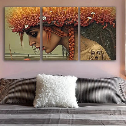 3pcs Red-Haired Woman Floral Design Wall Art Set Canvas Framed 60x90cm - High Quality Print 100% Australian Made Wall Canvas Ready to Hang