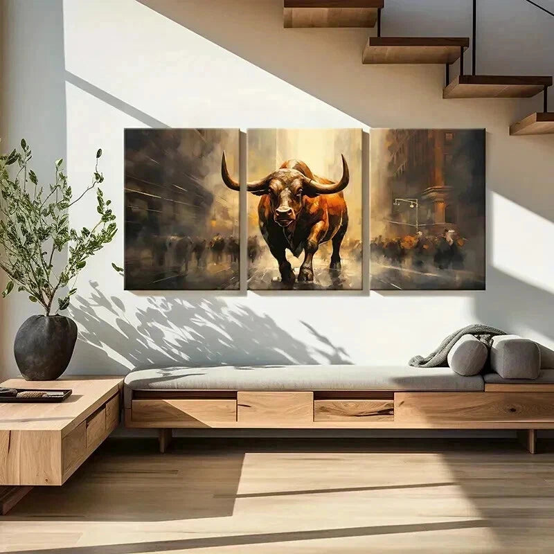 3pcs Abstract Aesthetic Charging Bull Wall Art Set Canvas Framed 40x60cm - High Quality Print 100% Australian Made Wall Canvas Ready to Hang