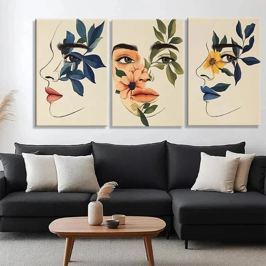 3pcs Abstract Faces & Floral Botanical Perfect Wall Art Set Canvas Framed 60x90cm - High Quality Print 100% Australian Made Wall Canvas Ready to Hang