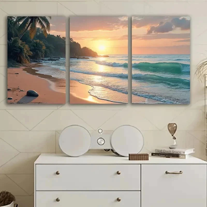 3pcs Tropical Sunset Palm Trees Wall Art Set Canvas Framed 40x60cm - High Quality Print 100% Australian Made Wall Canvas Ready to Hang
