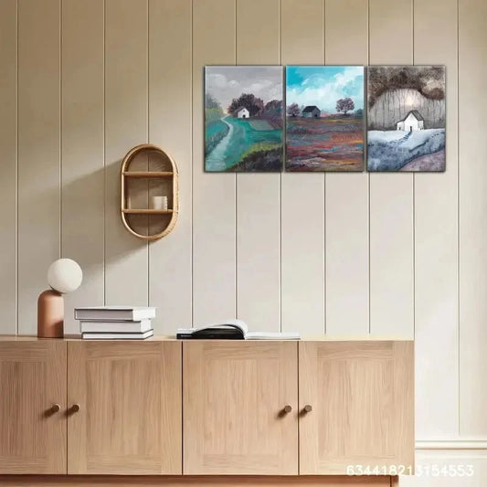 3pcs Trees Fields Sky House Cabin Landscape Metal Print Ready to Hang Art