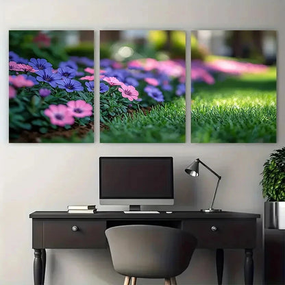 3pcs Grassy Flowerbed with Pink Purple Flowers Metal Print Ready to Hang Art
