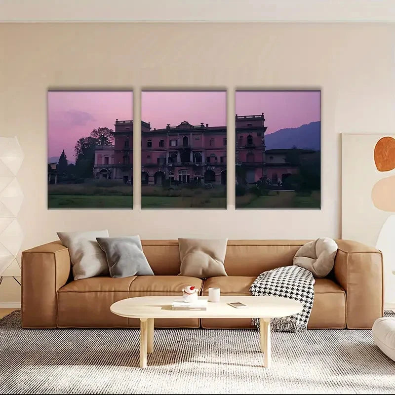 3pcs Charming Rustic Sunset Featuring a Castle Metal Print Ready to Hang Art