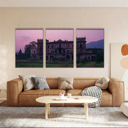 3pcs Charming Rustic Sunset Featuring a Castle Metal Print Ready to Hang Art