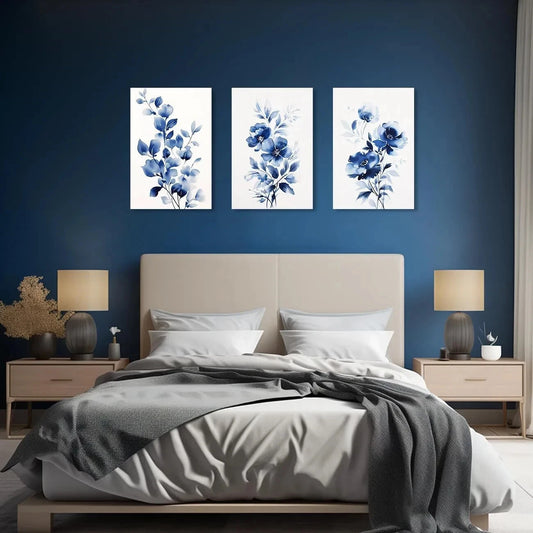 3pcs Navy Flower Watercolor Floral Metal Print Ready to Hang Art