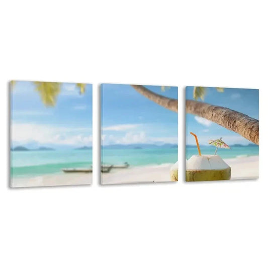3pcs Turquoise Bay Australia Coconut Drink    Wall Art Set Canvas Framed 60x90cm - High Quality Print 100% Australian Made Wall Canvas Ready to Hang