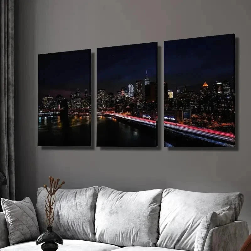 3pcs New York City Night Skyline Decor Wall Art Set Canvas Framed 40x60cm - High Quality Print 100% Australian Made Wall Canvas Ready to Hang