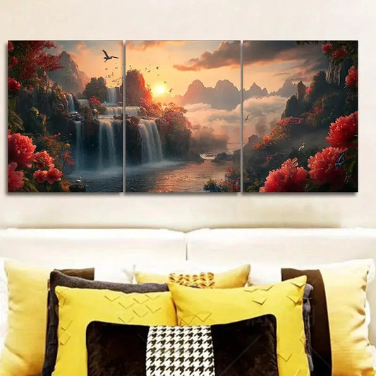 3pcs Luxurious Chinese Landscape Painting Metal Print Ready to Hang Art