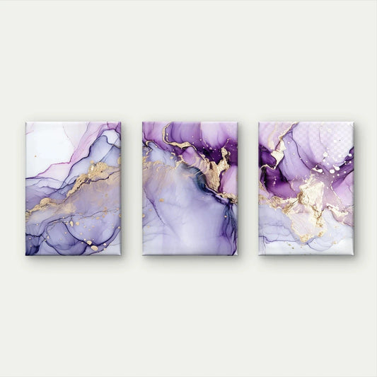 3pcs Modern Purple and Gold Alcohol Ink Wall Art Set Canvas Framed 60x90cm - High Quality Print 100% Australian Made Wall Canvas Ready to Hang