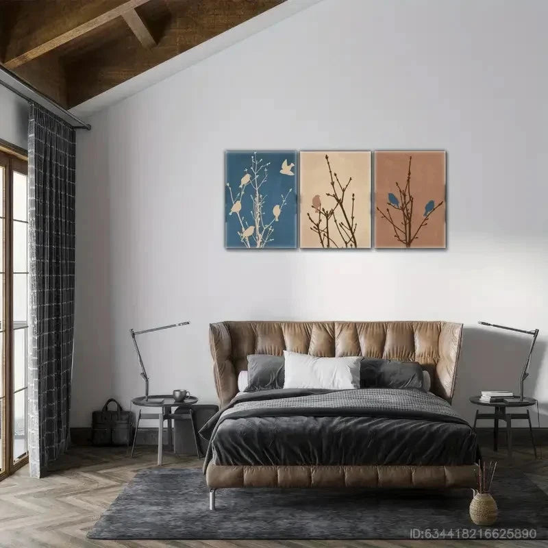 3pcs Sepia Denim Blue Mocha Birds Metal Print Ready to Hang Art