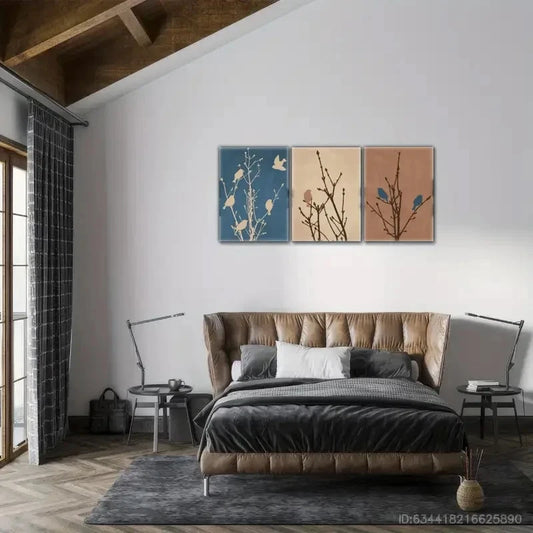 3pcs Sepia Denim Blue Mocha Birds Metal Print Ready to Hang Art