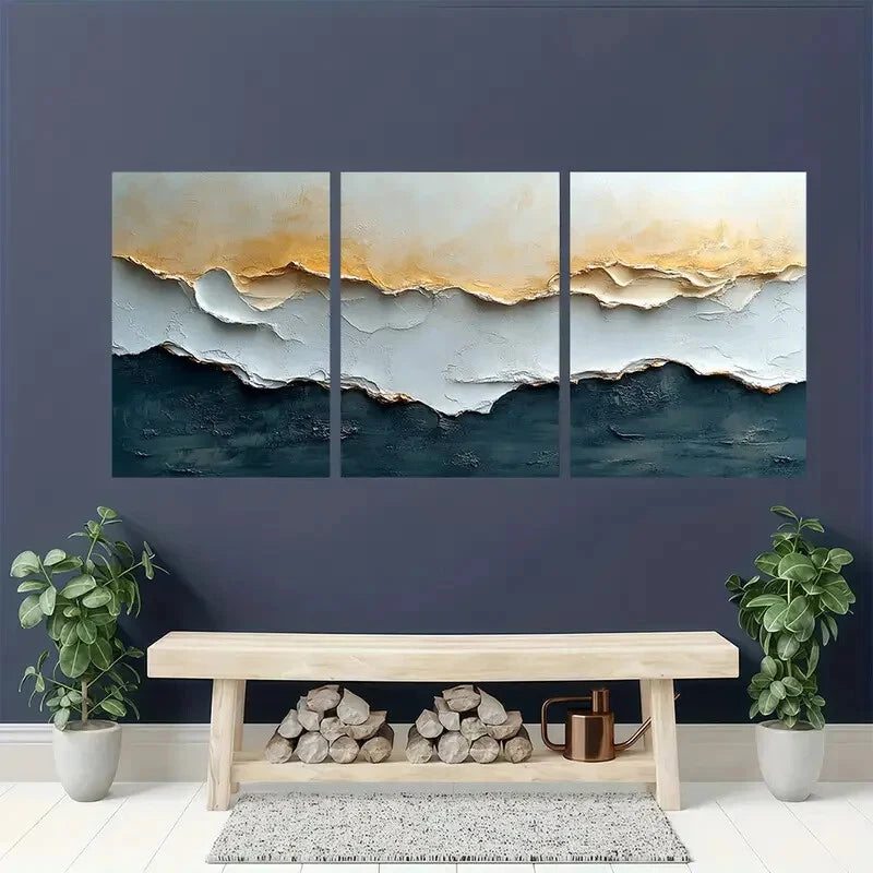 3pcs Minimalist Abstract Beige & Cream Textured Metal Print Ready to Hang Art