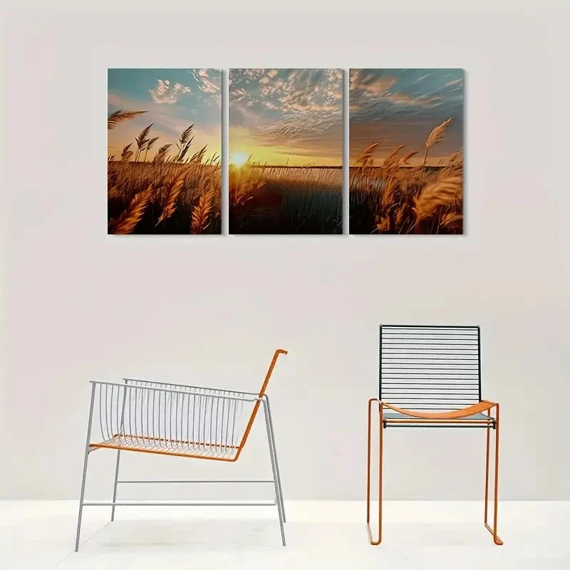 3pcs Golden Wheat Field Sunset Blue Sky Metal Print Ready to Hang Art