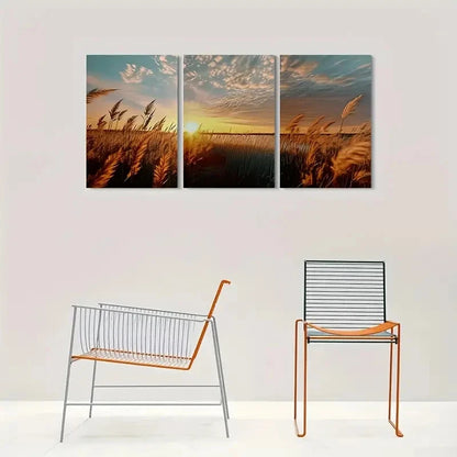 3pcs Golden Wheat Field Sunset Blue Sky Metal Print Ready to Hang Art