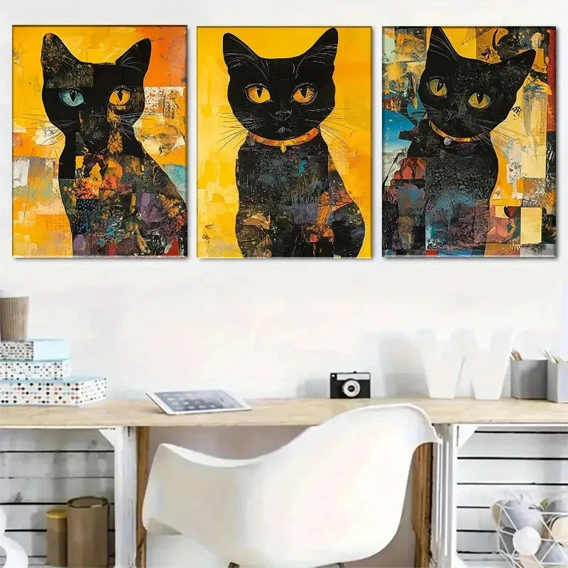 3pcs Artistic Abstract Black Cat Portrait Metal Print Ready to Hang Art