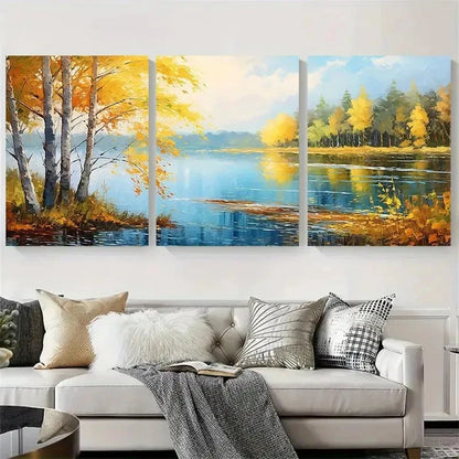 3pcs Autumn Reflections Golden Birch Trees Wall Art Set Canvas Framed 40x60cm - High Quality Print 100% Australian Made Wall Canvas Ready to Hang