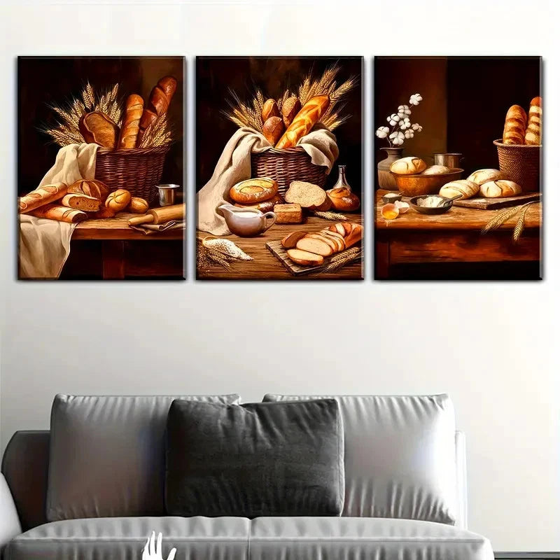 3pcs Kitchen Food Country Bread Paintings Metal Print Ready to Hang Art