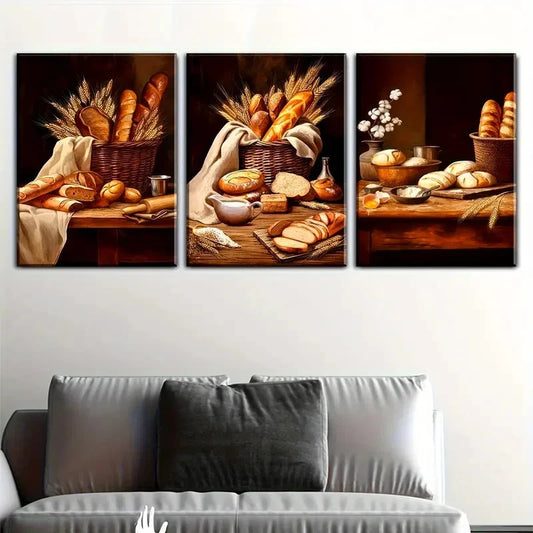 3pcs Kitchen Food Country Bread Paintings Metal Print Ready to Hang Art