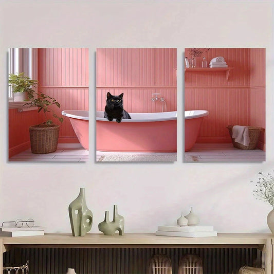 3pcs Black Cat in Bathtub Scene Metal Print Ready to Hang Art