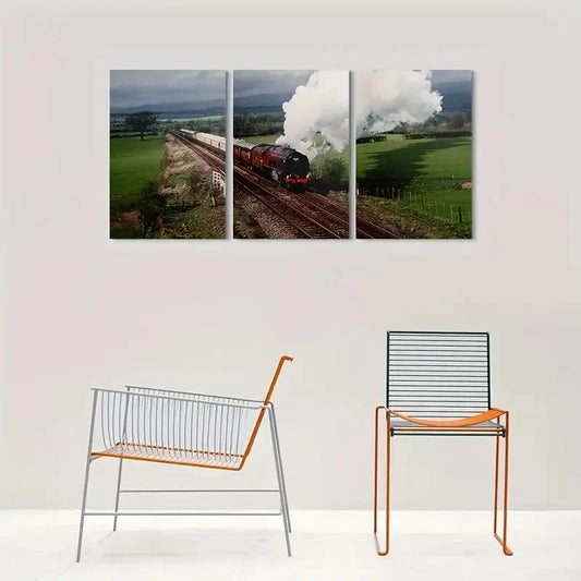 3pcs Vintage Steam Train Green Field Metal Print Ready to Hang Art