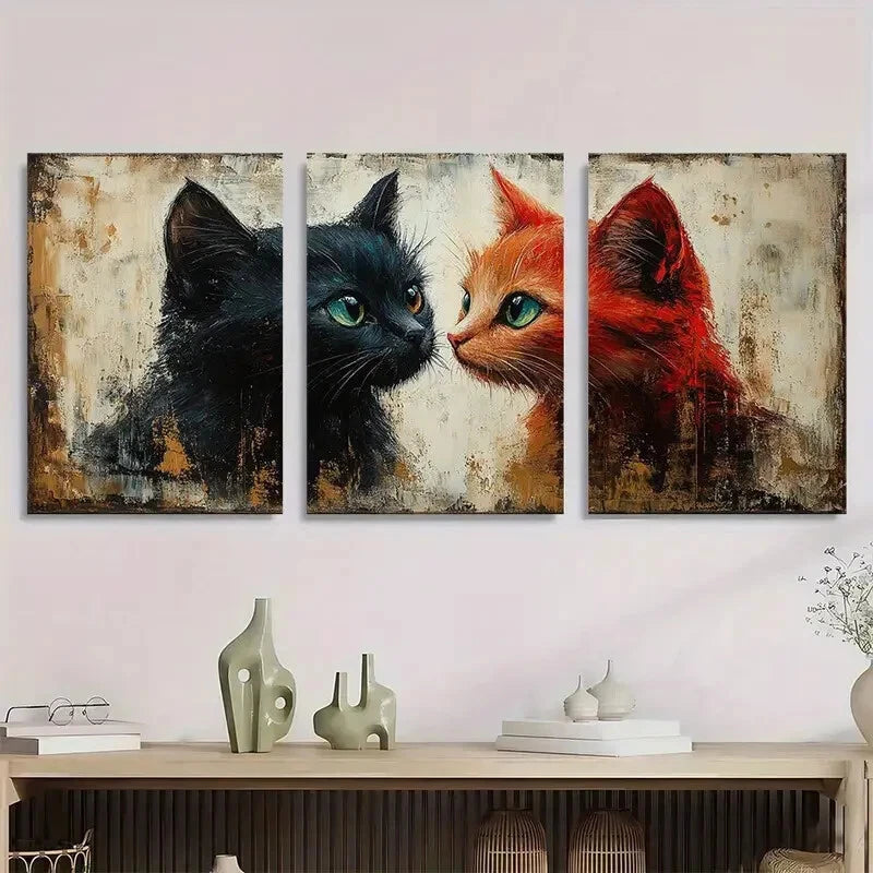 3pcs Black & Orange Cats Modern Farmhouse Metal Print Ready to Hang Art