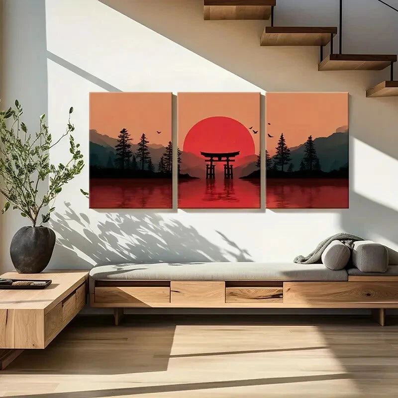 3pcs Sunset Torii Gate Silhouette Mountain Lands Metal Print Ready to Hang Art