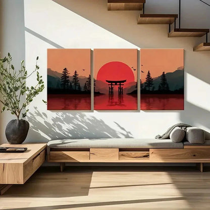 3pcs Sunset Torii Gate Silhouette Mountain Lands Metal Print Ready to Hang Art