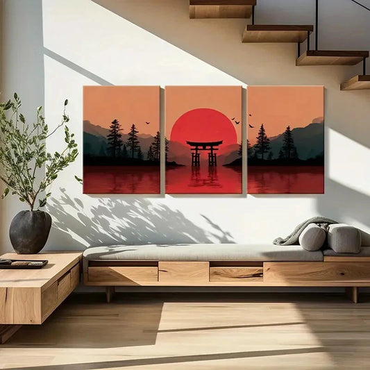 3pcs Sunset Torii Gate Silhouette Mountain Lands Metal Print Ready to Hang Art