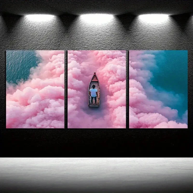 3pcs Vibrant Boat in Yunhe Illustration Metal Print Ready to Hang Art