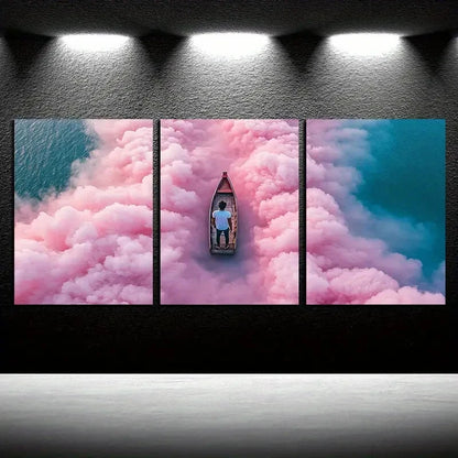 3pcs Vibrant Boat in Yunhe Illustration Metal Print Ready to Hang Art