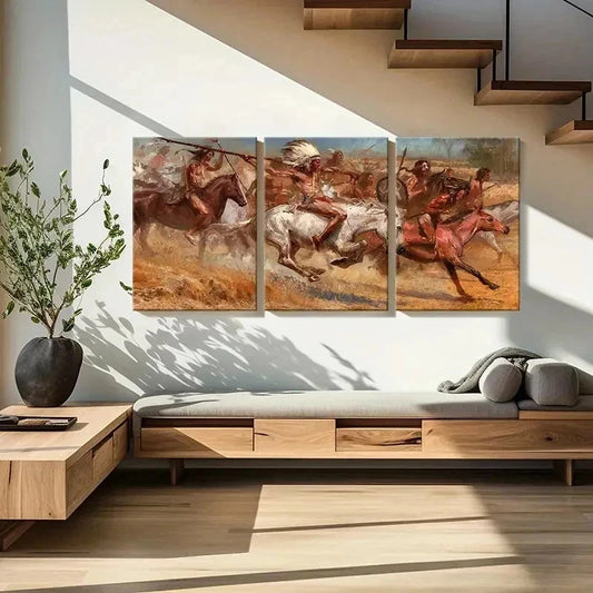 3pcs Native Americans On Horses Red Indians Wall Art Set Canvas Framed 40x60cm - High Quality Print 100% Australian Made Wall Canvas Ready to Hang