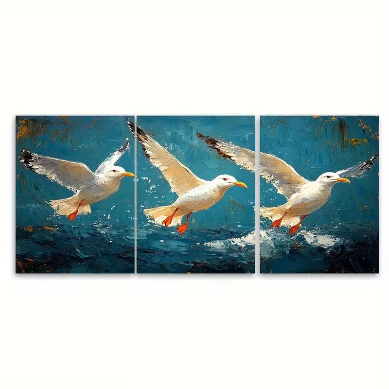 3pcs Seagull Oil Painting Birds Brushstroke Metal Print Ready to Hang Art