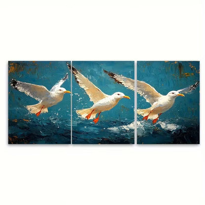 3pcs Seagull Oil Painting Birds Brushstroke Metal Print Ready to Hang Art