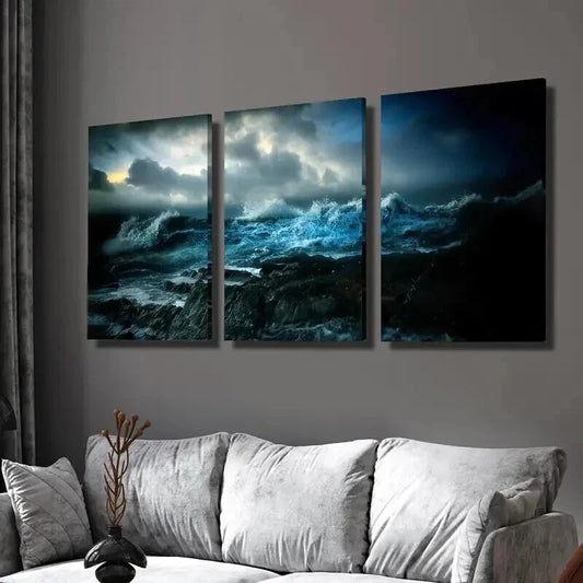 3pcs Amazing Deep Ocean Waves at Night Wall Art Set Canvas Framed 40x60cm - High Quality Print 100% Australian Made Wall Canvas Ready to Hang