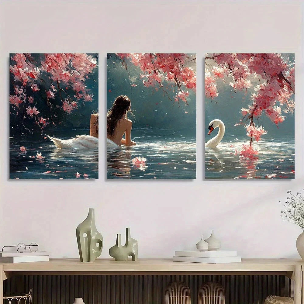 3pcs Pink Cherry Blossoms and Swans Metal Print Ready to Hang Art