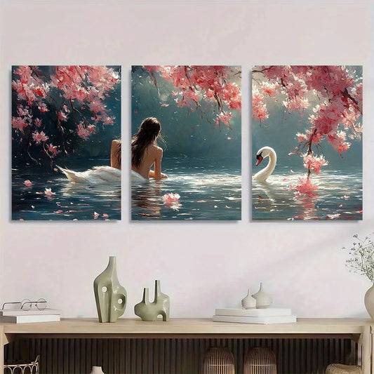 3pcs Pink Cherry Blossoms and Swans Metal Print Ready to Hang Art