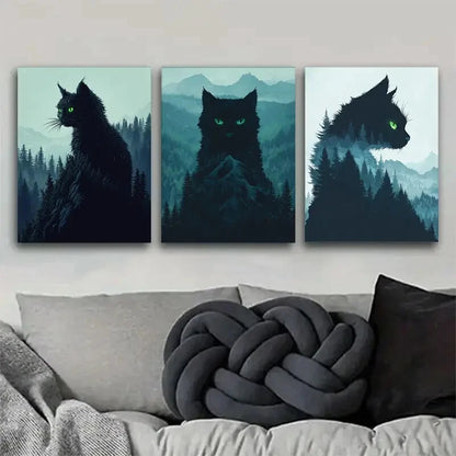 3pcs Green-Eyed Black Cats with Moonlit Mountain Metal Print Ready to Hang Art