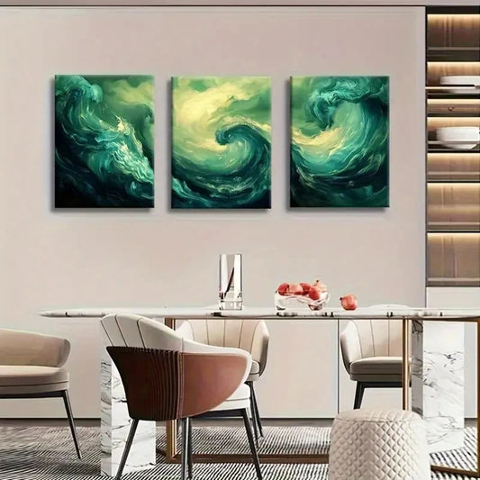 3pcs Abstract Green Swirl Ocean Dynamic Painting Metal Print Ready to Hang Art
