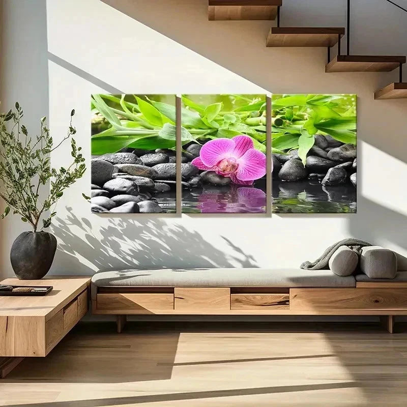3pcs Pebbles Phalaenopsis Flowers Wall Art Set Canvas Framed 40x60cm - High Quality Print 100% Australian Made Wall Canvas Ready to Hang
